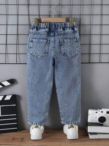 1pc Kids' Casual Tapered Medium Wash Blue Jeans, Suitable For Spring, Summer, Autumn - Medium Wash - View 3