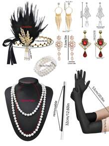 D EXCEED 4/6/7 件 1920 年代头饰配饰套装 - 仿羽毛头带、手套、珍珠项链、珍珠手链、长耳环、派对/万圣节服装配饰、渔网袜 - 黑色 - 查看 11