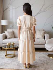 Lizo Long Ruffled Youth Dress Short Sleeve Girls 8 To 12 Years Baby Blue, Pink, Green, Beige, Black - 米色 - 查看 3