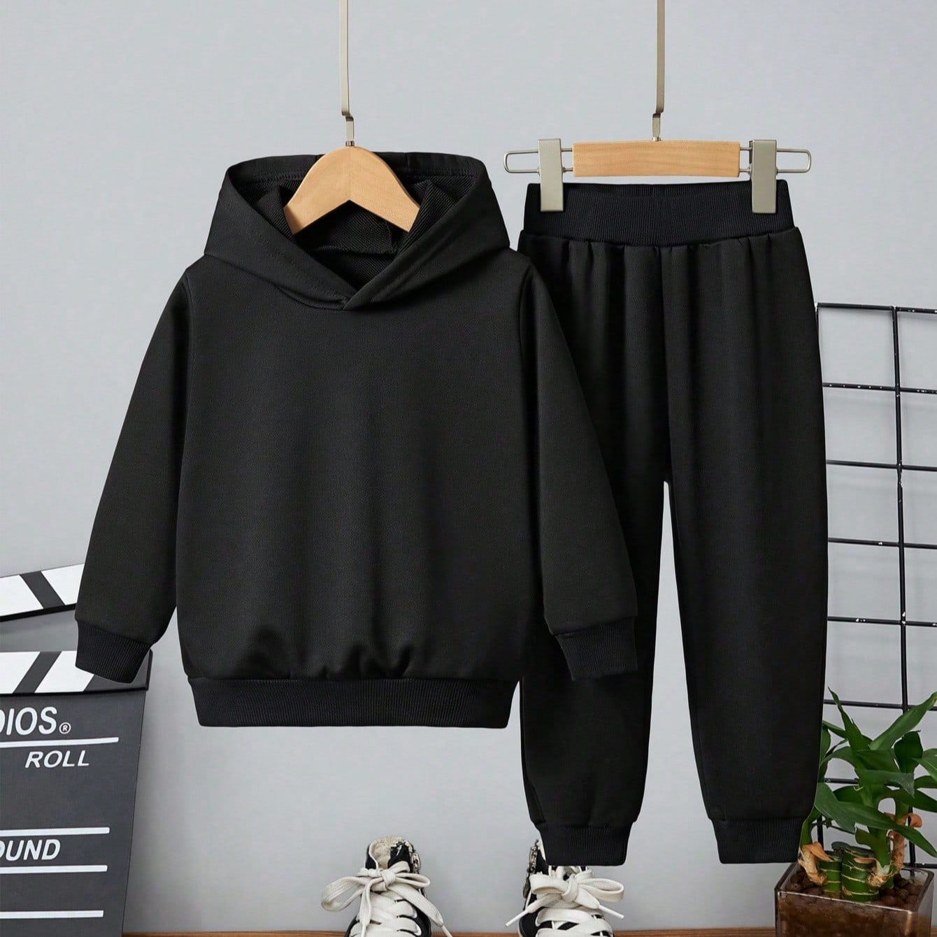Set de 2 piezas de sudadera con capucha y pantalón de chándal de unicolor para niños y niñas, para otoño/invierno