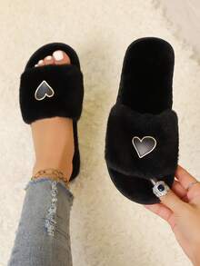 1 Pair Women's New Furry Heart-Shaped Flat Slippers, Women's Casual Home Slippers