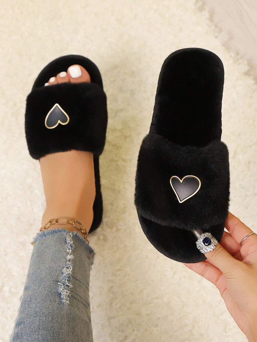 1 Pair Women's New Furry Heart-Shaped Flat Slippers, Women's Casual Home Slippers