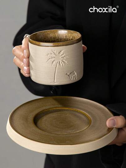 choxila 1 件高审美粗糙陶瓷咖啡杯 - 骆驼和椰子树设计，浓缩咖啡杯，茶杯，马克杯，咖啡杯，适合家庭聚会、客厅、卧室、办公室、露营（120/250/310 毫升）