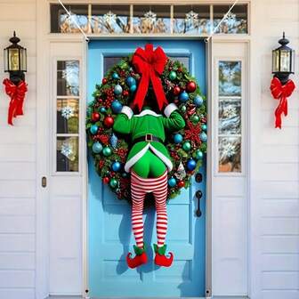 1pc, Polyester, Merry Christmas Funny Elf House Door Cover Hanging Indoor Flag Banner Home Indoor Outdoor Party Decorations Christmas Backdrop Tapestry, Entrance Room Garden Courtyard Gate Decoration 35.43 X 70.86 Inch Holiday Party Supplies