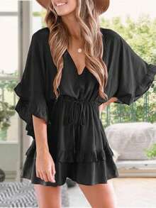 Saodimallsu Womens Ruffle Layered V Neck Beach Romper Drawstring Waisted Shorts Jumpsuit - 黑色 - 查看 2