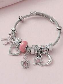 1 pieza Pulsera con cuentas con moño rosa, corazón y paleta de caramelo, dulce y linda, regalo ideal para adolescentes, mejores amigas, estudiantes, hijas, nietas - Multicolor - Ver 3