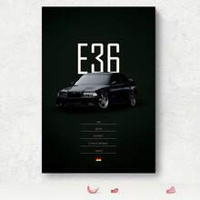 1 pieza Impresión en lienzo de un automóvil deportivo negro M3 E36 de 1992 - Decoración de pared moderna para sala de estar, dormitorio, oficina, baño - Impresión de tinta sin marco en lienzo, diseño elegante con detalles de la bandera alemana, decoración de automóviles