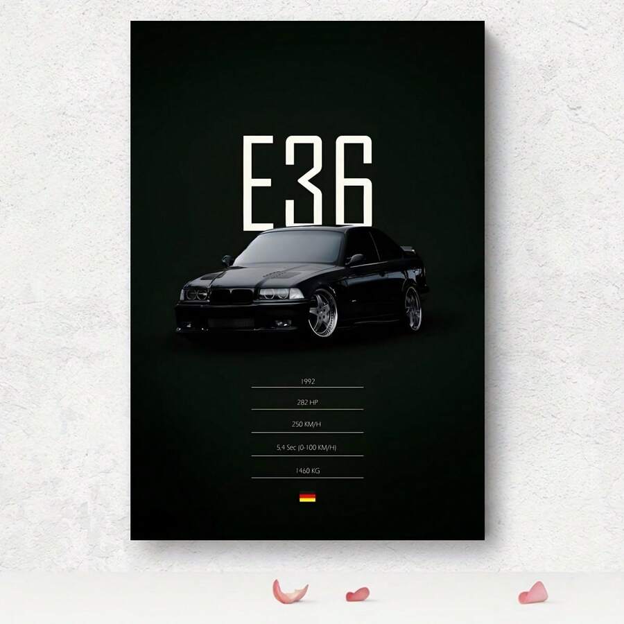1 pieza Impresión en lienzo de un automóvil deportivo negro M3 E36 de 1992 - Decoración de pared moderna para sala de estar, dormitorio, oficina, baño - Impresión de tinta sin marco en lienzo, diseño elegante con detalles de la bandera alemana, decoración de automóviles