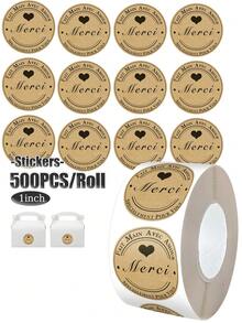 500pcs/Roll Handmade Kraft Paper Love Self-Adhesive Stickers, Gift Packaging Sealing Stickers, Thank You Stickers, PVC Waterproof Stickers, Kraft Paper Sealing Stickers, Commercial Decoration, Baking Gift Packaging Labels, Thank You Stickers, Baking Supplies, Thank You Gifts, Wedding Decor