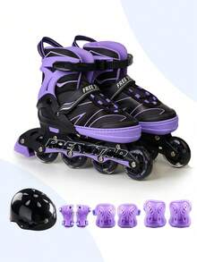 一套 FREE STAR 运动软皮 PU 直排轮滑鞋，带闪光轮，适合初学者，尺码可调节，包含头盔、护肘、护膝、手套，时尚户外专业运动鞋 - 紫色 - 查看 11