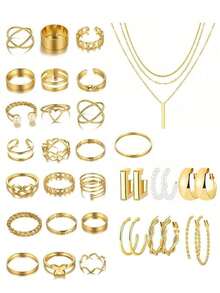 FAXHION 77pcs/35pcs Middle Eastern Style Elegant Vintage Butterfly, Heart, Faux Pearls, Twist, Rhinestone, Snake Chain, Braided Chain, Geometric C-Shaped Earrings, Necklace, Ring, Bracelet Jewelry Set For Holiday, Party, Gift - 金黃色-35件 - 查看 11