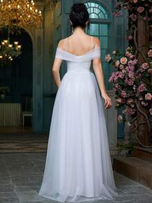 女士优雅鸡尾酒会礼服，正式超长开叉大腿晚间婚礼宾客礼服，金属面料，成熟性感，适合正式派对、毕业派对、婚礼、舞台表演、单身派对、春夏秋 - 白色 - 查看 3