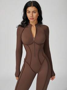 MASKERT 女士瑜伽连体衣，带可拆卸胸垫，速干，高弹，亲肤舒适 - 巧克力棕 - 查看 4