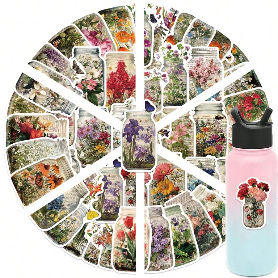 50PCS Vintage Flower Pot Stickers Vinyl Stickers Scrapbook, Journaling, Laptop, Bumper, Skateboard, Water Bottles, Computer, Phone, Cartoon, Hard Hat, Car Stickers And Decals - Multicolor - View 1