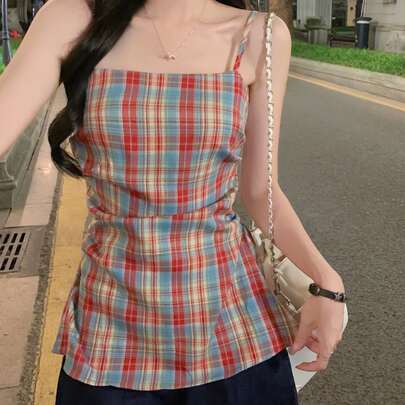 여성용 빈티지 체크 캐미솔 탱크탑, 백리스 크롭 셔츠, 여름 신상품