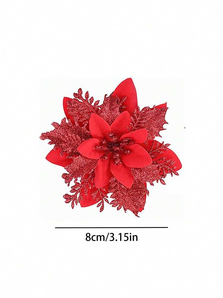 4 件红色一品红人造花，带夹子的闪亮人造圣诞花装饰，圣诞树装饰，闪亮一品红，用于花环和花环装饰的人造花，适用于圣诞节、新年、婚礼和家庭聚会装饰。 - 彩色 - 查看 13