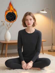 女士保暖内衣套装 - 圆领长袖上衣和裤子，时尚黑色 | 保暖内衬，超保暖，透气修身 | 居家休闲、城市通勤、滑雪旅行和徒步旅行的理想之选 | 防静电，速干科技 | 秋季、圣诞节和假日季的冬季必备保暖单品 - 黑色 - 查看 6