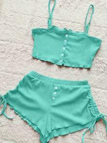 2-Piece Set Of Sexy Home Clothes With Simple Solid Color Printing, Adjustable Button Splicing, Camisole Vest+Fake Button Splicing, Double-Sided Drawstring, And Pleated Home Casual Shorts.The Fabric Feels Comfortable And Skin Friendly - màu xanh hồ - Xem 1