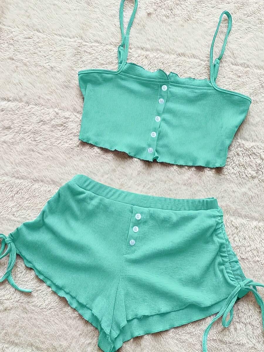 2-Piece Set Of Sexy Home Clothes With Simple Solid Color Printing, Adjustable Button Splicing, Camisole Vest+Fake Button Splicing, Double-Sided Drawstring, And Pleated Home Casual Shorts.The Fabric Feels Comfortable And Skin Friendly - màu xanh hồ - Xem 1