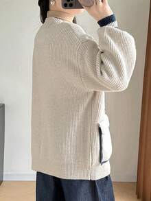 Spring New Contrast Stitching Pocket Design Loose Knitted Cardigan Coat Simple Casual Versatile Women's Sweater - Beige - View 3