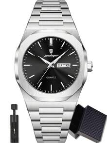 POEDAGAR 男士商务日期星期不锈钢石英表，时尚防水夜光男士腕表，休闲男士腕表，适合日常佩戴，节日男士礼物