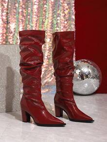 女士户外通勤百搭休闲派对秋冬新款高跟过膝靴时尚粗跟一脚蹬性感尖头自然皱靴酒红色高筒靴及膝靴 - 酒紅色 - 查看 4