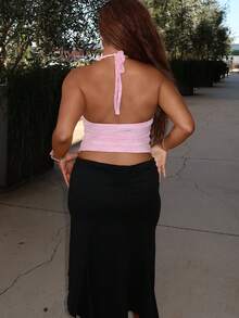 Tyla Gomez Women's Summer Minimalist Contrast Lace Slim Fit Halter Neck Camisole - Baby Pink - View 3