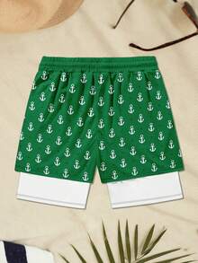 Men's Breathable Cartoon Duck Print Drawstring Waist Double Layer Beach Shorts - Green - View 2