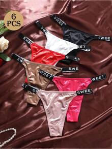 6 sztuk damskich majtek typu stringi z paskiem w kształcie litery, niski stan, oddychające, dopasowane, miękkie, błyszczące, wykonane z satyny - Wielokolorowe - Zobacz 1