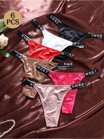 6 piezas de bragas tipo tanga para mujer con cintura con estampado de letras, de talle bajo, transpirables, ajustadas, suaves, brillantes, de tela de satén