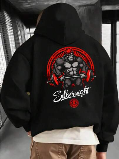 VitaFith 男士健身卫衣 - 100% 涤纶宽松版型运动卫衣，印花图案，250克面料，休闲街头风，适合运动和日常穿着