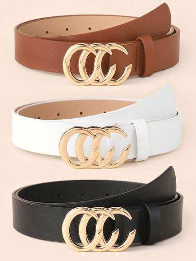 3pcs Fashionable Minimalist PU Leather Belt Set, Alloy Letter Buckle Waist Belt For Women, Suitable For Daily Commute