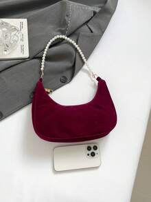 Fashionable Pearl Chain Crescent Shoulder Bag, Stylish Shoulder Baguette Bag, Handheld Small Bag, Outdoor Casual Bag, Versatile Commuter Bag - Burgundy - View 8