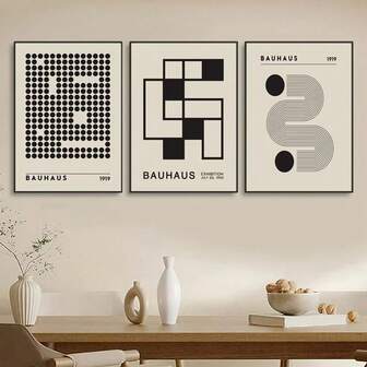 1pc Bauhaus-Inspired Frameless Abstract Geometric Poster, Vintage Black & Beige Line Art Canvas Print, Art Deco Classic Retro Style, Ink On Canvas Wall Art For Home Office, Living Room, Bedroom, Dining Room Decor - Indoor Portrait Orientation