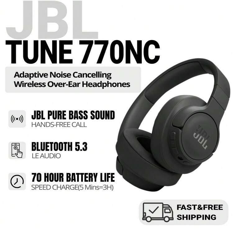 JBL TUNE 770NC - 自适应降噪，带智能环境音无线头戴式耳机，蓝牙 5.3，快速充电续航时间长达 70 小时，轻巧舒适可折叠设计（黑色） - 黑色 - 查看 1