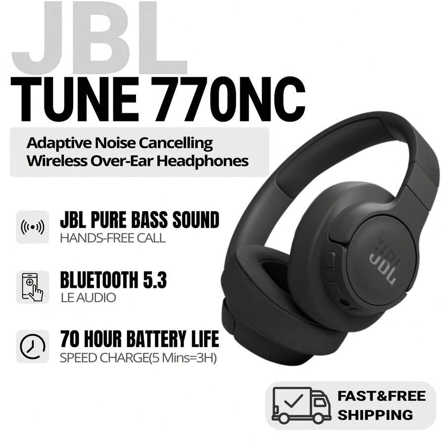 JBL TUNE 770NC - 自适应降噪，带智能环境音无线头戴式耳机，蓝牙 5.3，快速充电续航时间长达 70 小时，轻巧舒适可折叠设计（黑色） - 黑色 - 查看 1