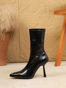 Giày bốt cổ ngắn mũi nhọn màu đen thời trang, gợi cảm và thời trang thu đông 2025, giày cao gót sơn mài, dễ mang, đa năng, dành cho nữ, giày Y2k - màu đen - Xem 7