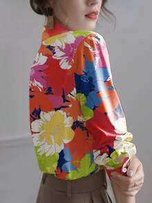 Plus Size Floral & Leaf Print Button Down Shirt - Red - View 4