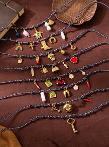 1 件不锈钢材质休闲海滩度假风格海洋生物太阳龟星花吊坠珍珠吊坠编织织物链女士项链，高品质，镀 18K 金，防水防汗，适合日常使用，是送给妻子、母亲和女朋友的最佳礼物