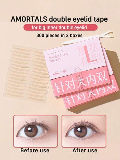 Amortals Paquete de 300 piezas de cinta para párpados dobles en forma de media luna, de 28*3mm, adecuada para párpados simples grandes, agranda los ojos, viene con herramientas auxiliares, invisible y conveniente, cinta para párpados dobles natural, textura biomimética, se ajusta a la piel, mate y sin rastros, delgada, resistente al agua y al sudor, de larga duración y duradera, levanta los párpados caídos, fuerte adhesión, no deja residuos.