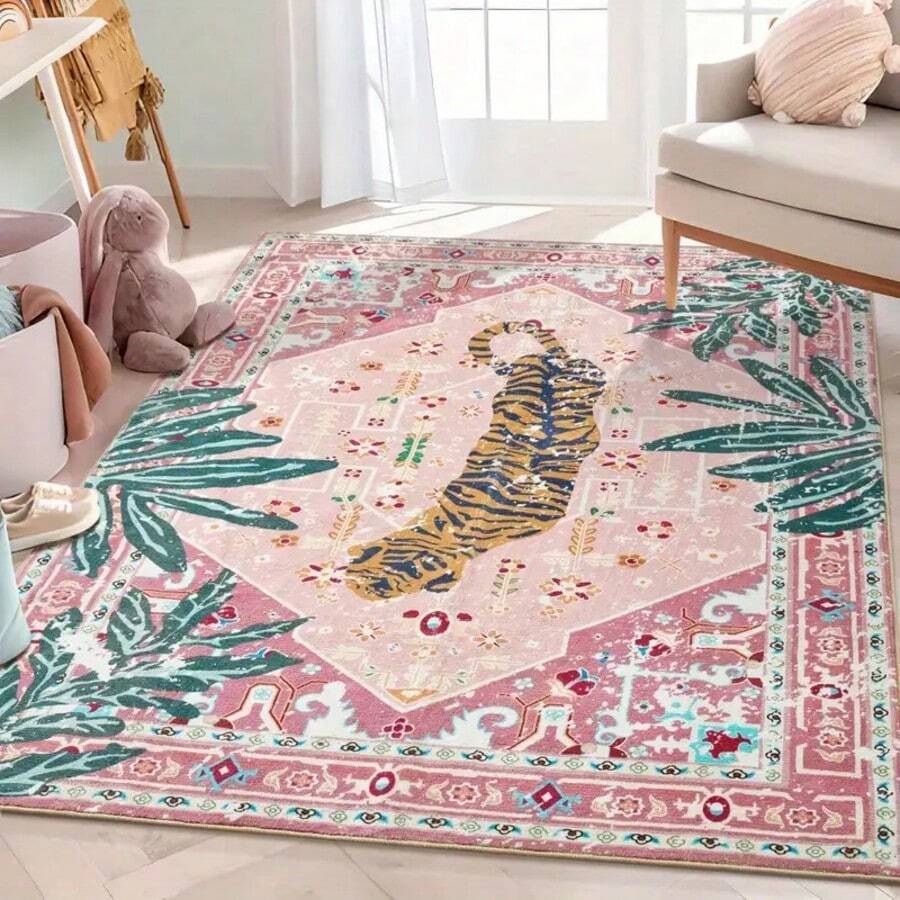 1pc Luxury Vintage Tiger & Floral Striped Totem Area Rug, Soft Faux Wool Wild Animal Farmhouse Style Washable Decorative Carpet For Living Room, Bedroom, Entryway, Bathroom, Hallway, Patio, Kitchen, Indoor Outdoor, All Season Large Mat - Light Pink - Home Decor - Multicolor - View 1