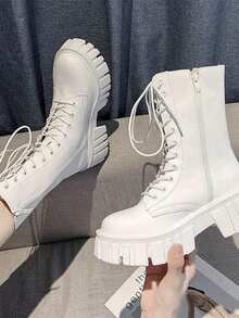 Botas de cordones de moda para mujer,Botas Cortas para Mujer: Estilo Británico y Botas Moteras de Moda | Cómodas de Llevar, Ideal para Actividades Al Aire Libre - Blanco - Ver 4