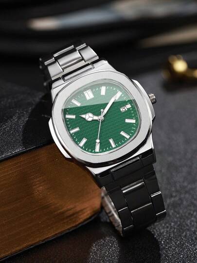 1pc Minimalist Square Dial Calendar Stainless Steel Strap Quartz Wrist Watch, Business (Watch Box Not Included) view 7
