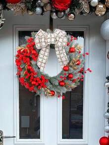 1pc 14.96inch Christmas Red Berry Wreath Decor, Creative Christmas Berry & Bow Vine Wreath For Holiday Home Decor, Suitable For Staircase, Outdoor, Living Room Wall Christmas Decorations Room Decor Winter