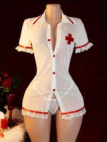 Two Piece Set: Nurse Uniform Women's T-Pants Sexy Underwear, Pure Desire Nurse, Role Playing, Uniform Temptation, Sexy Halloween Costume - 白色 - 查看 1