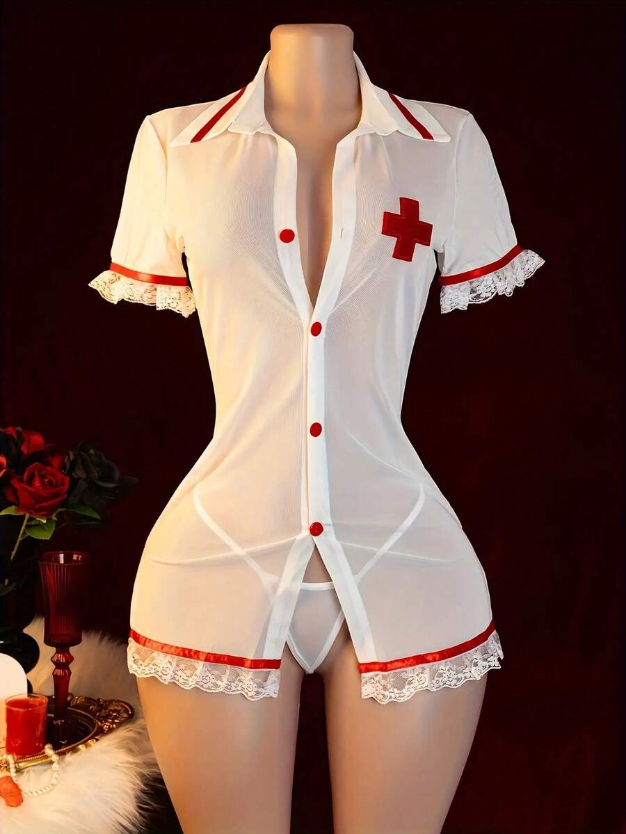 Two Piece Set: Nurse Uniform Women's T-Pants Sexy Underwear, Pure Desire Nurse, Role Playing, Uniform Temptation, Sexy Halloween Costume - 白色 - 查看 1