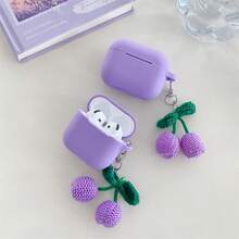 1pc Soft Silicone Shock-Proof Earphone Case In Violet + Plush Cherry Hanging Decor Bluetooth Earphone Case Compatible With Apple 1st/2nd/3rd/Pro/Pro 2nd Generation, Creative Design For New 4th Generation