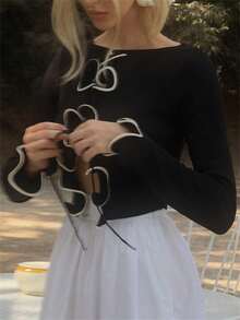 Women's Tie Front Knit Cardigan Solid Color/Contrast Color Long Sleeve Ruffled Cropped Sweater - Black - View 4