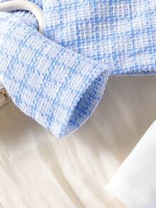 3pcs Girls Elegant School Style Patterned Long Sleeve Jacket, Long Sleeve Top, Pleated Skirt Set, Spring/Autumn - Baby Blue - View 9