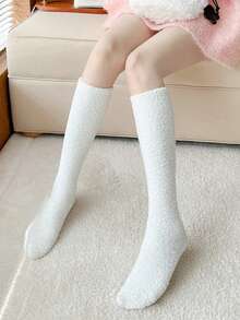 3 Pairs Women's Warm Knee-High Socks, Solid Color Coral Thermal Lined, Thick & Heat Retaining, Soft & Skin-Friendly House Socks For Winter